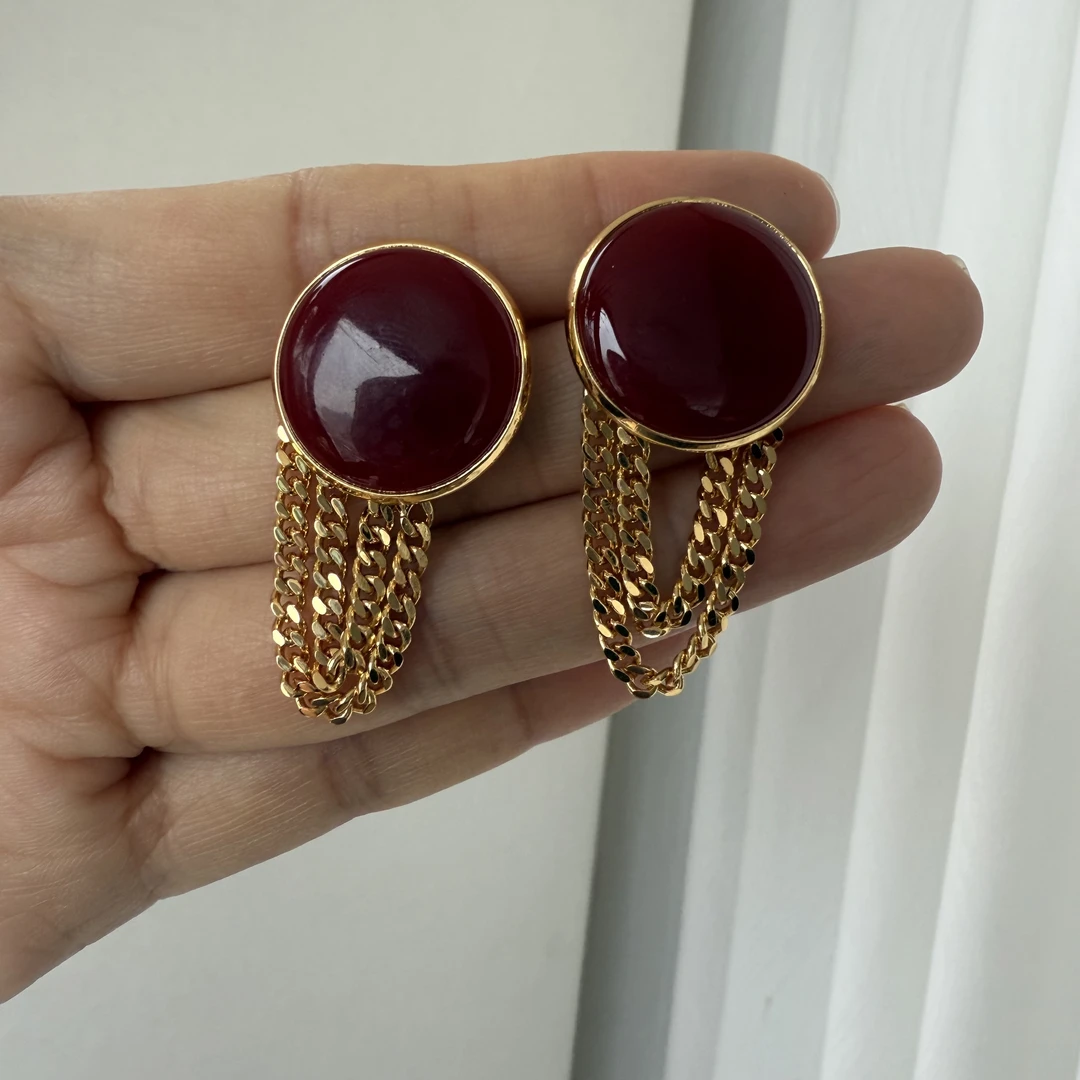 铜合金珐琅耳饰 红色金链耳钉45号