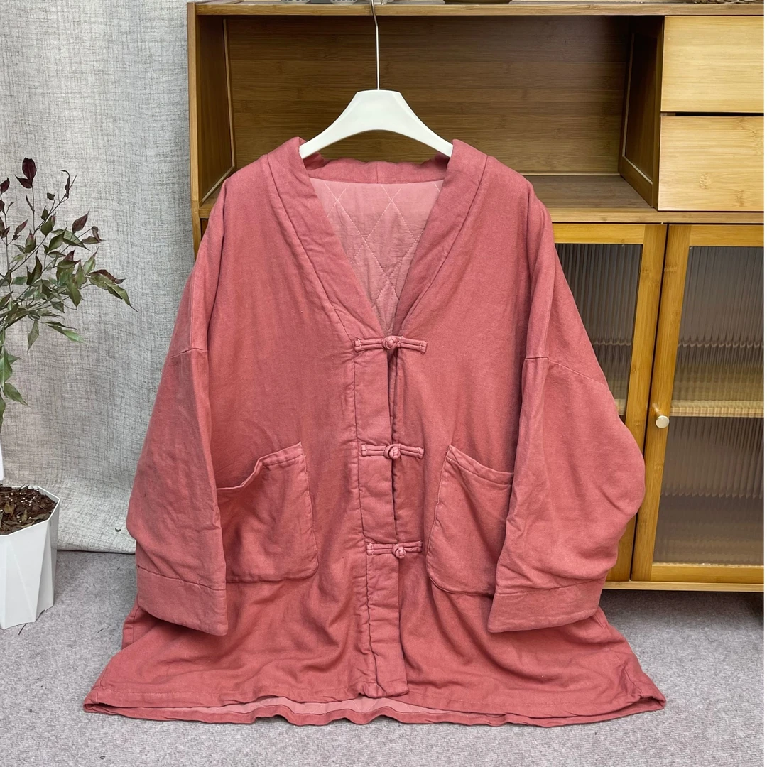 V领三粒盘扣亚麻中长款棉服（衣长84 胸围168）