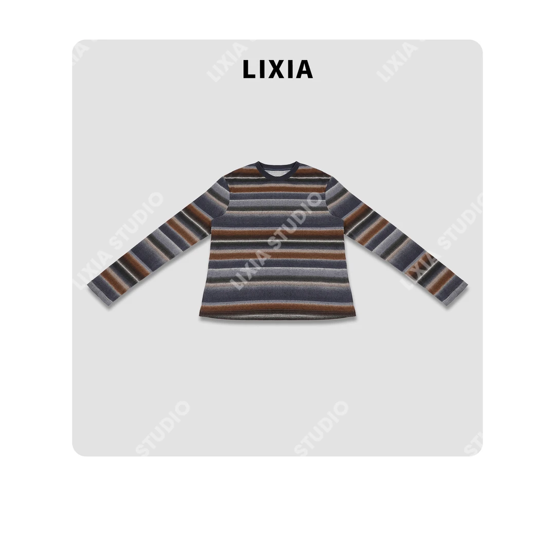 LIXIA【幻彩条韵】ins风休闲复古时髦通勤彩条纹圆领内搭上衣-D9307