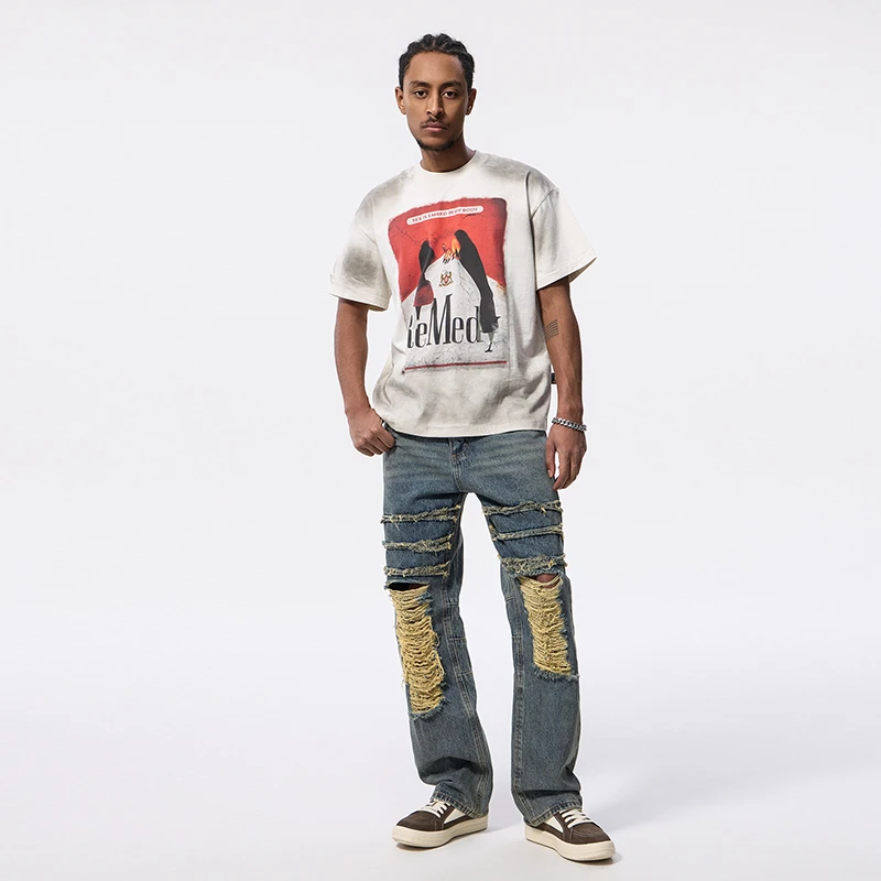 CL Mr.曹刘先生美式复古潮牌破洞高街宽松直筒男生新款牛仔裤662