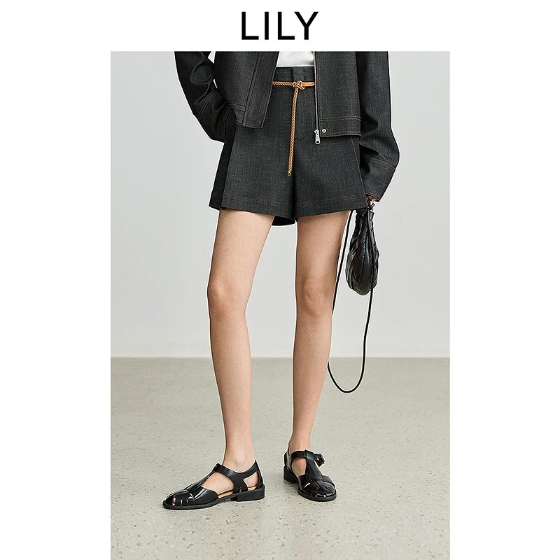 LILY2025秋新款复古简约宽松休闲弹力百搭短裤直筒裤125329C5936