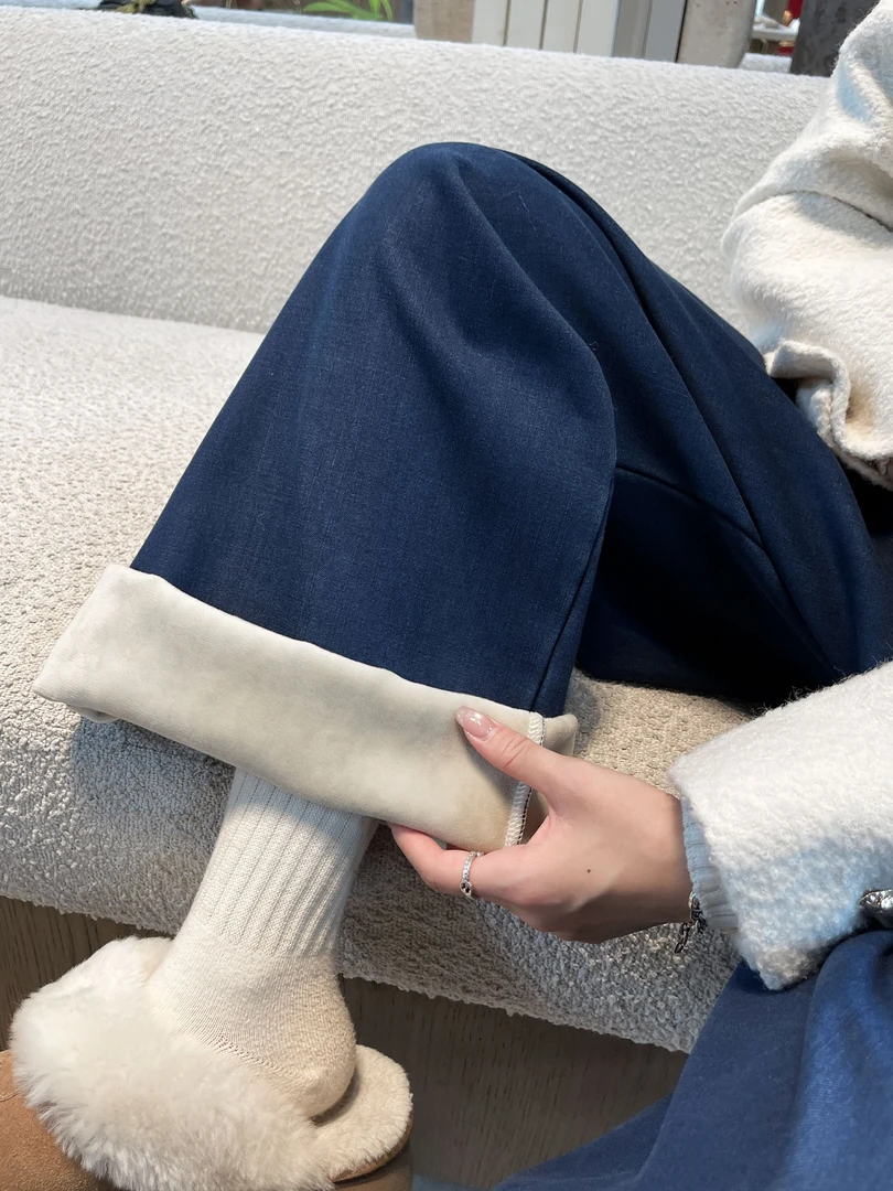 2025秋冬新品加绒复古丹宁天丝高腰牛仔裤垂感直筒松紧腰阔腿裤