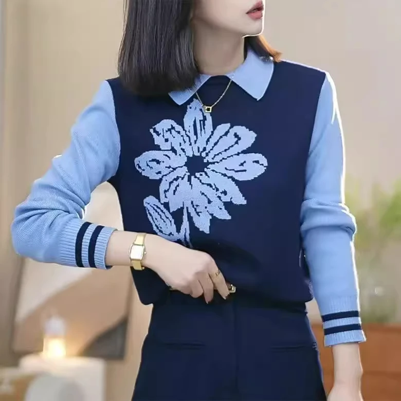 韩系假两件翻领撞色高级感针织毛衣秋冬提花独特别致内搭长袖上衣