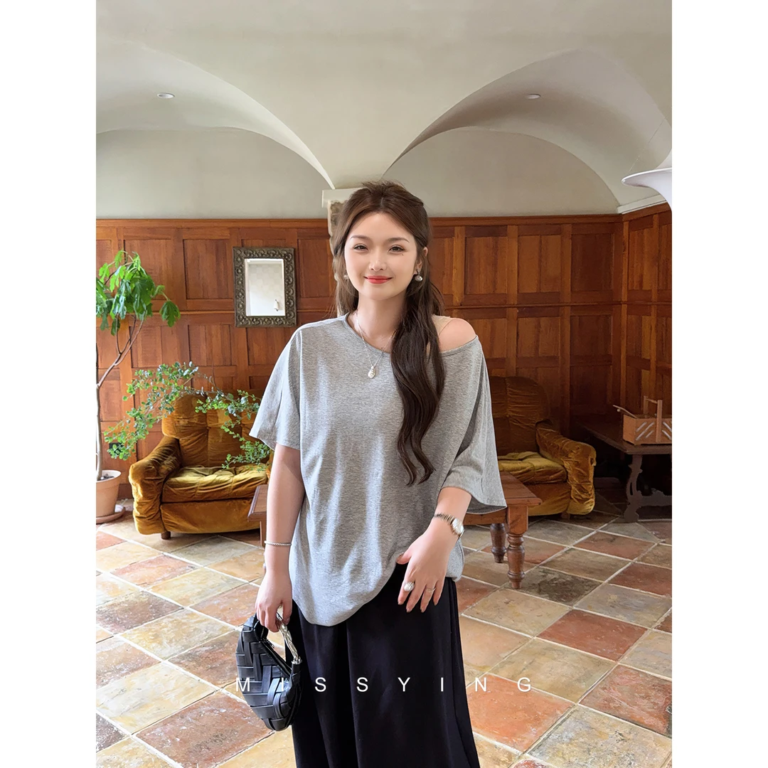 应小姐【韩杂少女】微胖大码夏季韩系时尚设计显瘦休闲小众百搭T恤