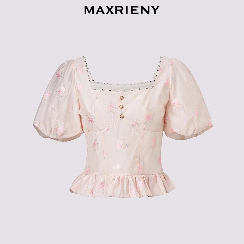 MAXRIENY浪漫新中式上衣25修身显瘦短款短袖上衣法式泡泡袖甜美