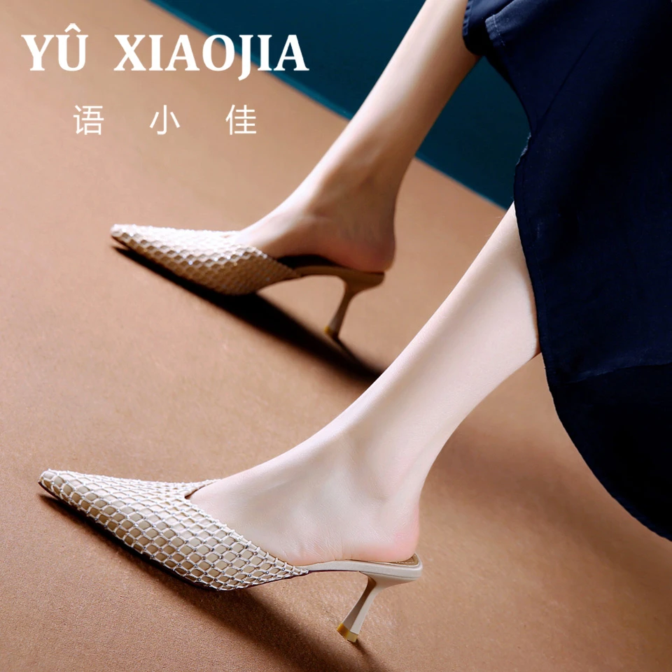 7CM[已开价]细跟半拖鞋女2025年新款外穿包头拖V口水钻高跟鞋703