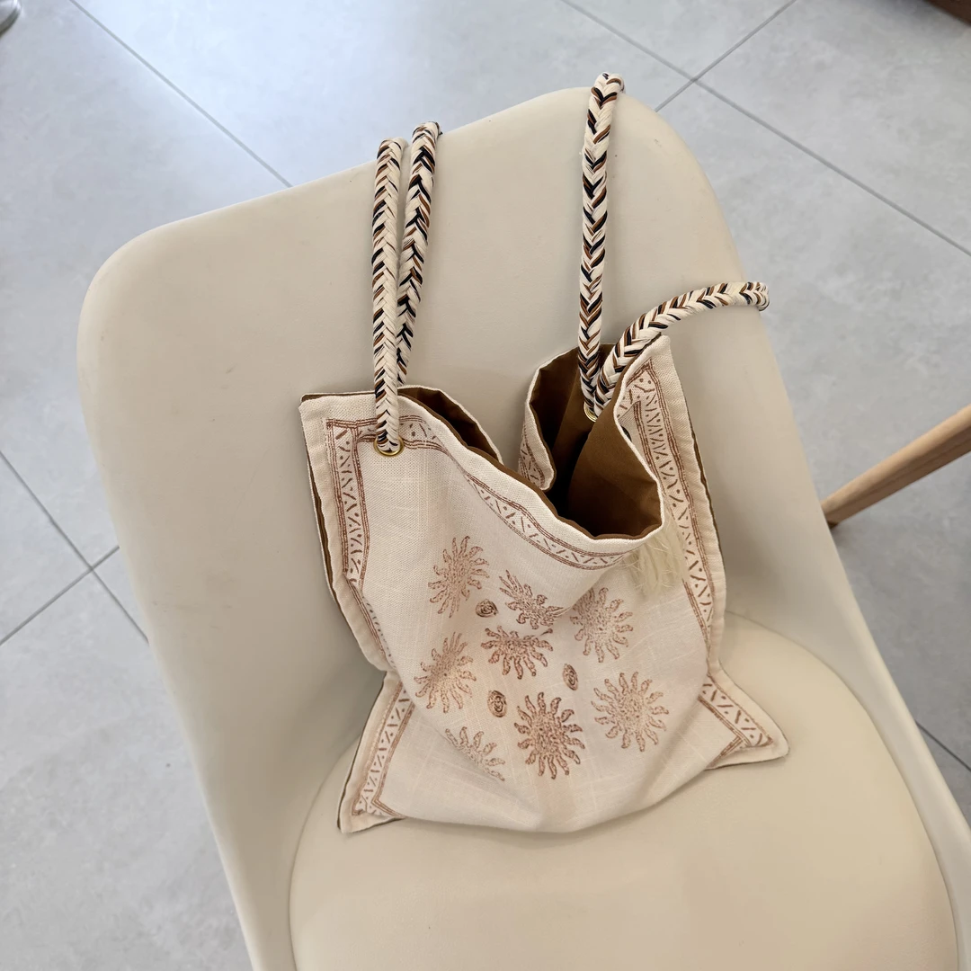 小众设计亚麻布托特包编织绳肩带单肩腋下大包