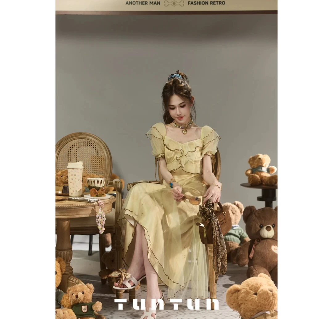 吞吐服饰 【欧若漫纱 杏色, 袖口能调节】夏季法式仙美晕染连衣裙