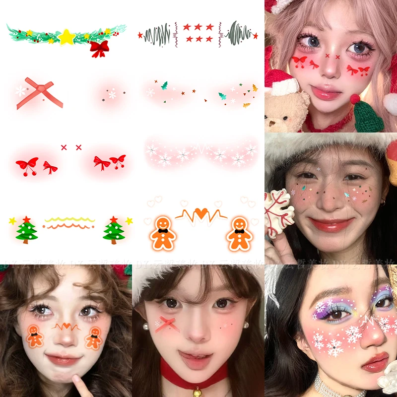 圣诞节妆容脸贴纹身贴纸营造甜心少女氛围感蝴蝶结腮红COS派对