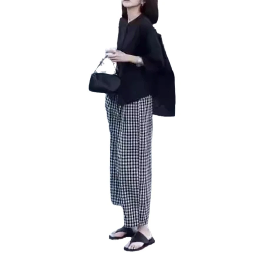 夏季新款宽松防晒开衫打底上衣休闲格子裤洋气女百搭减龄显瘦薄款