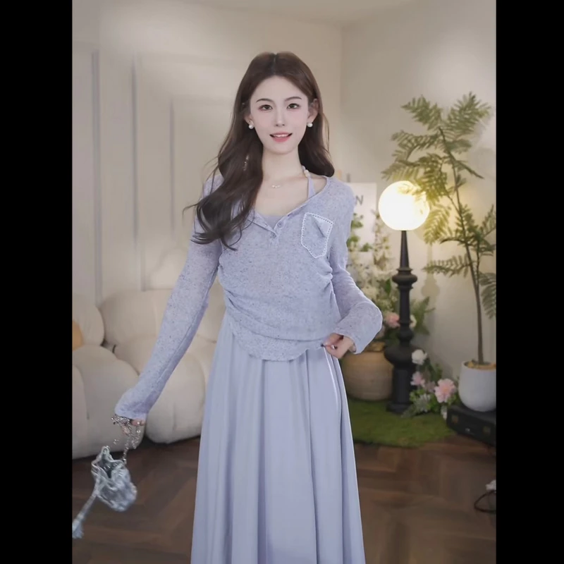 鹿向南【紫时繁花】韩系氛围感复古法式洋气罩衫连衣裙DYL661678