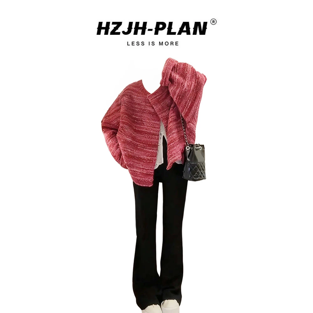 【现货秒发】韩系小香风玫红色显白外套蕾丝内搭微喇休闲裤三件套装