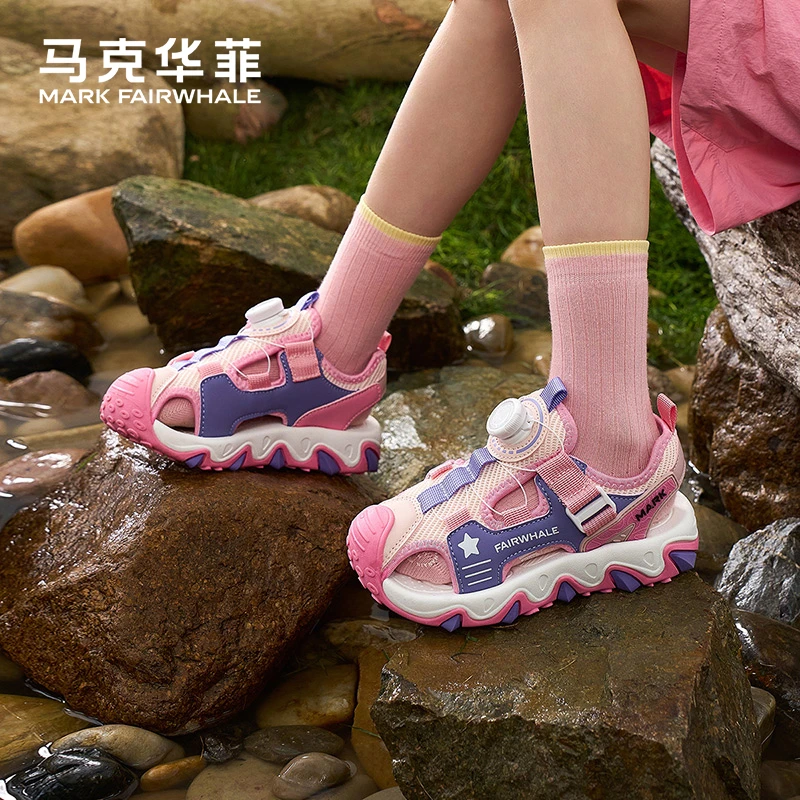 马克华菲包头运动凉鞋皮革拼接女童凉鞋厚底网面休闲鞋透气舒适鞋