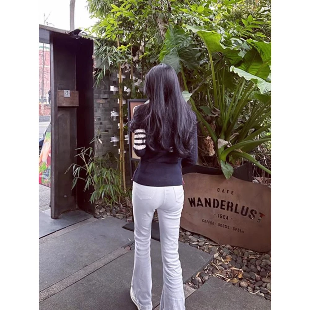 秋冬加绒白色复古微喇牛仔裤女潮ins高腰显瘦弹力修身拖地长裤子