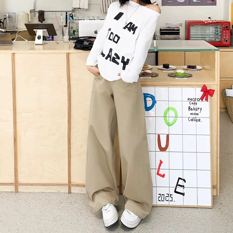 美式卡其色阔腿牛仔裤女秋季2025新款高腰宽松直筒小个子休闲裤子