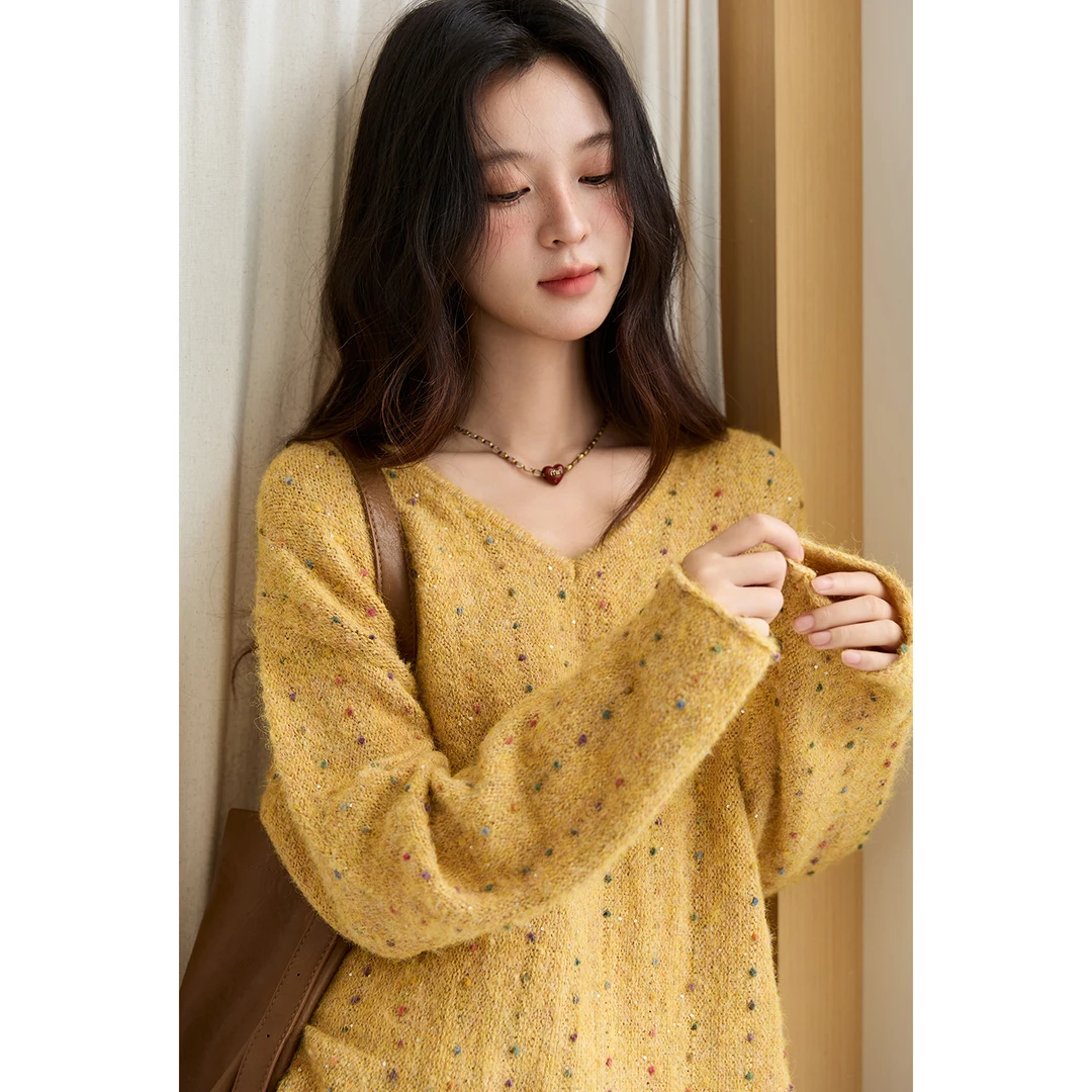【芋总专属】谜秀复古黄珠片V领毛衣彩色星点针织外套MXE47Z2572