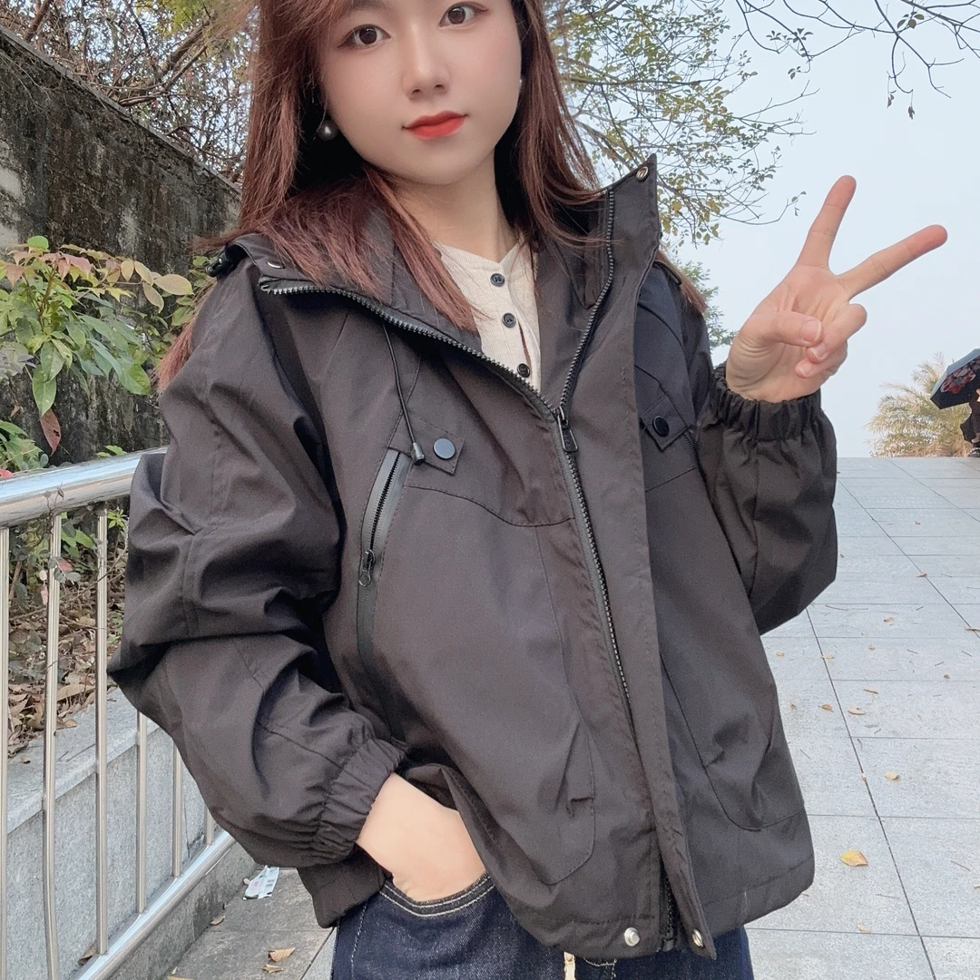 韩版宽松连帽设计感冲锋衣短外套女2025春季新款休闲工装夹克上衣