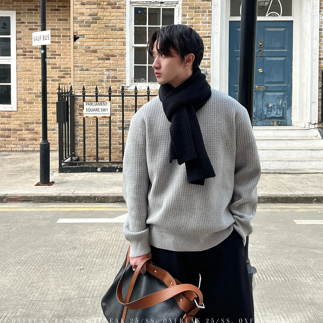 OXFREAK「基础款 蜂窝格」高智感通勤纯色圆领毛衣男秋冬季针织衫