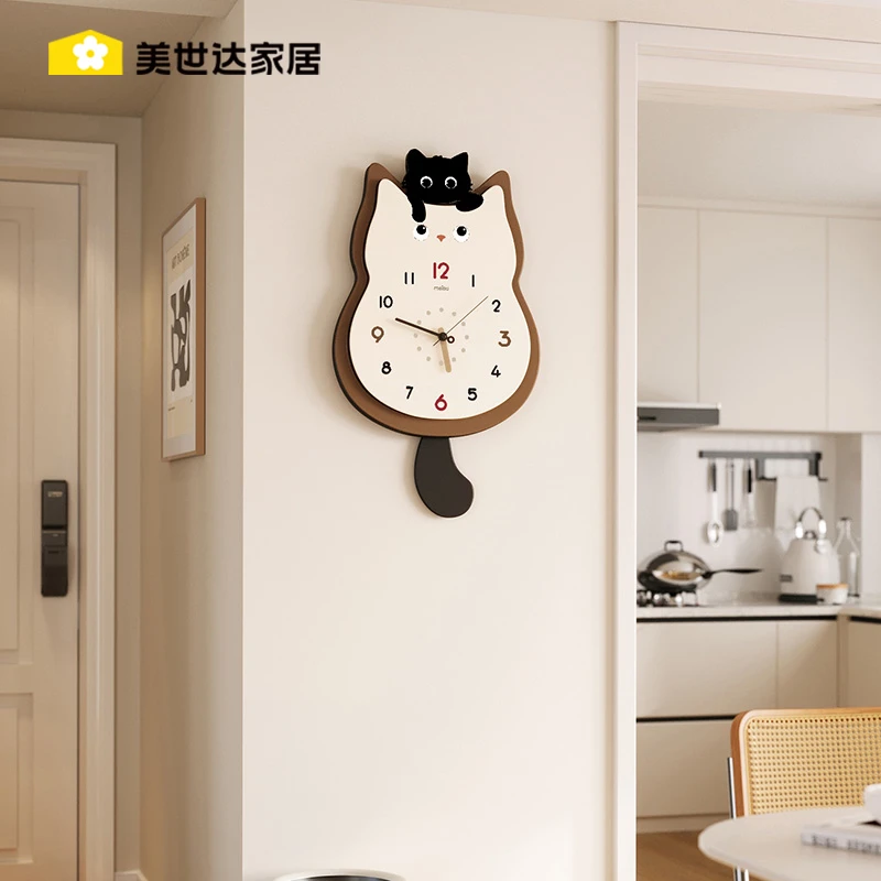 美世达2025网红客厅猫咪挂钟表挂墙上网红款创意简约家用现代时钟