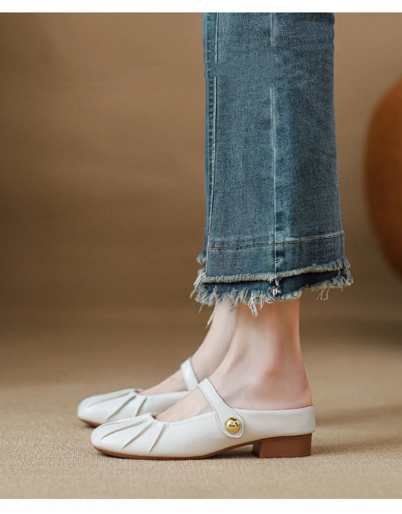 0311春夏新款打皱时尚单鞋内增高方头一脚蹬小众复古玛丽珍鞋