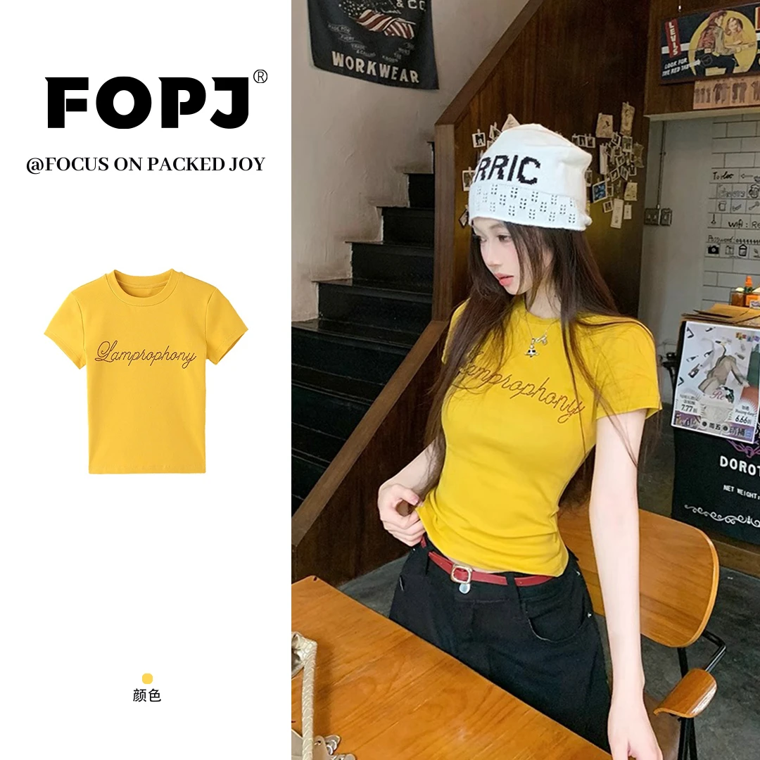 FOPJ夏季新款辣妹风烫钻字母黄色正肩短袖t恤女修身显瘦短款上衣