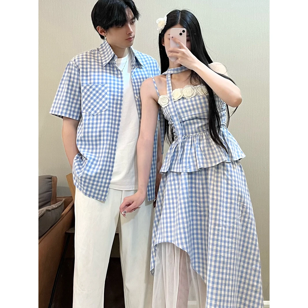 蓝色格纹吊带连衣裙女夏季甜美海边度假风长裙网纱拼接半身裙套装