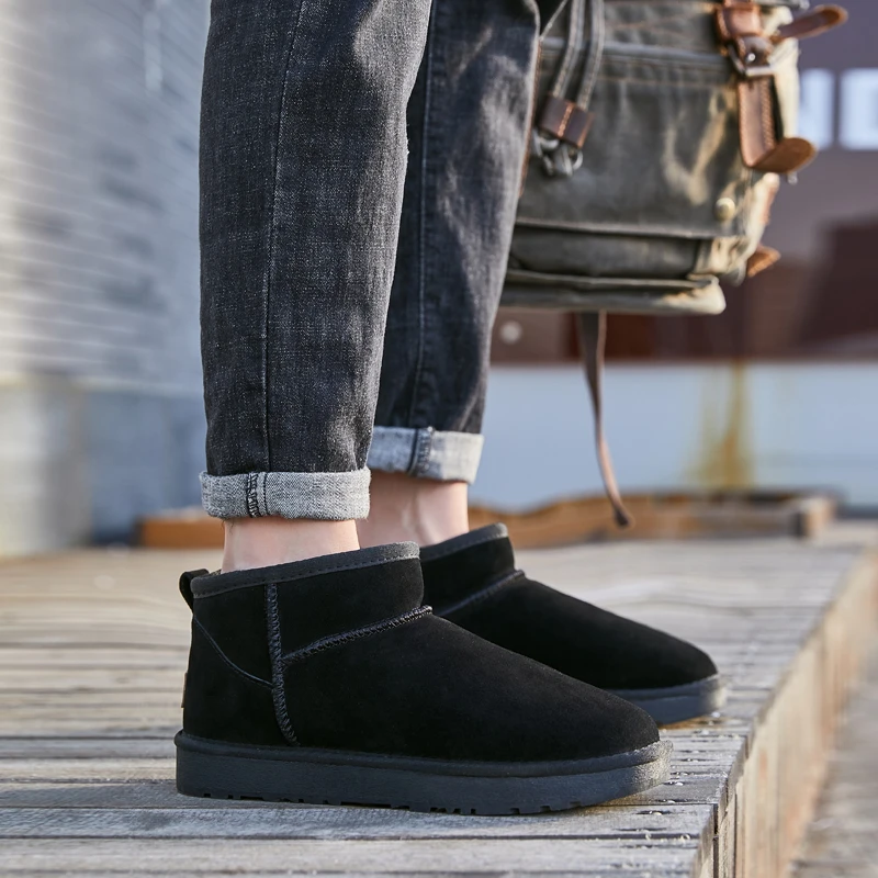 加绒牛皮男士雪地靴男款短筒保暖棉鞋加厚真皮防滑短靴面包鞋冬季