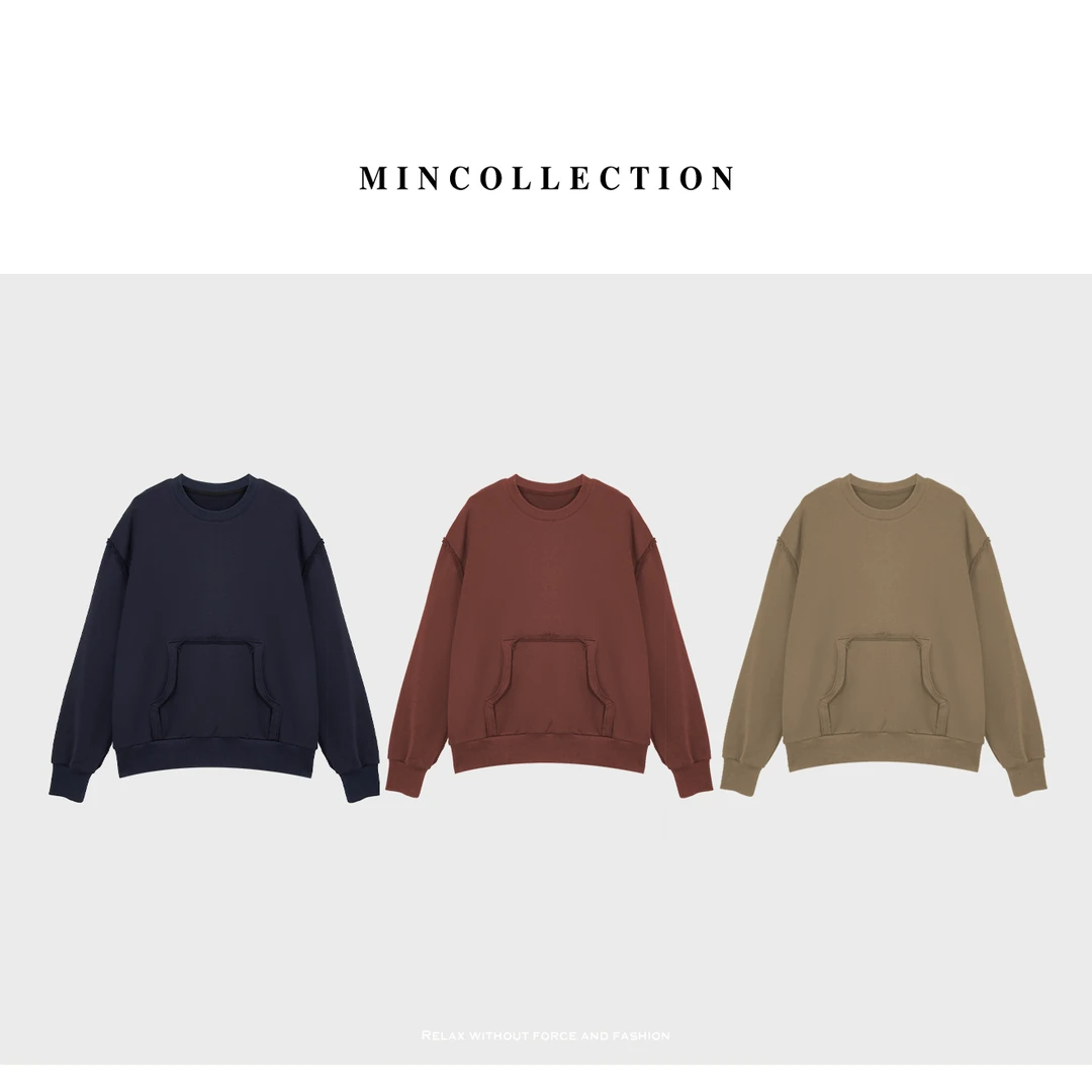 DE Mincollection散边圆领卫衣/简约重磅水洗棉廓形破坏卫衣55782