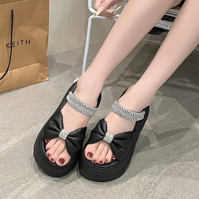 水钻增高一字凉拖鞋女外穿夏季仙女韩版新款露趾小香风蝴蝶结拖鞋