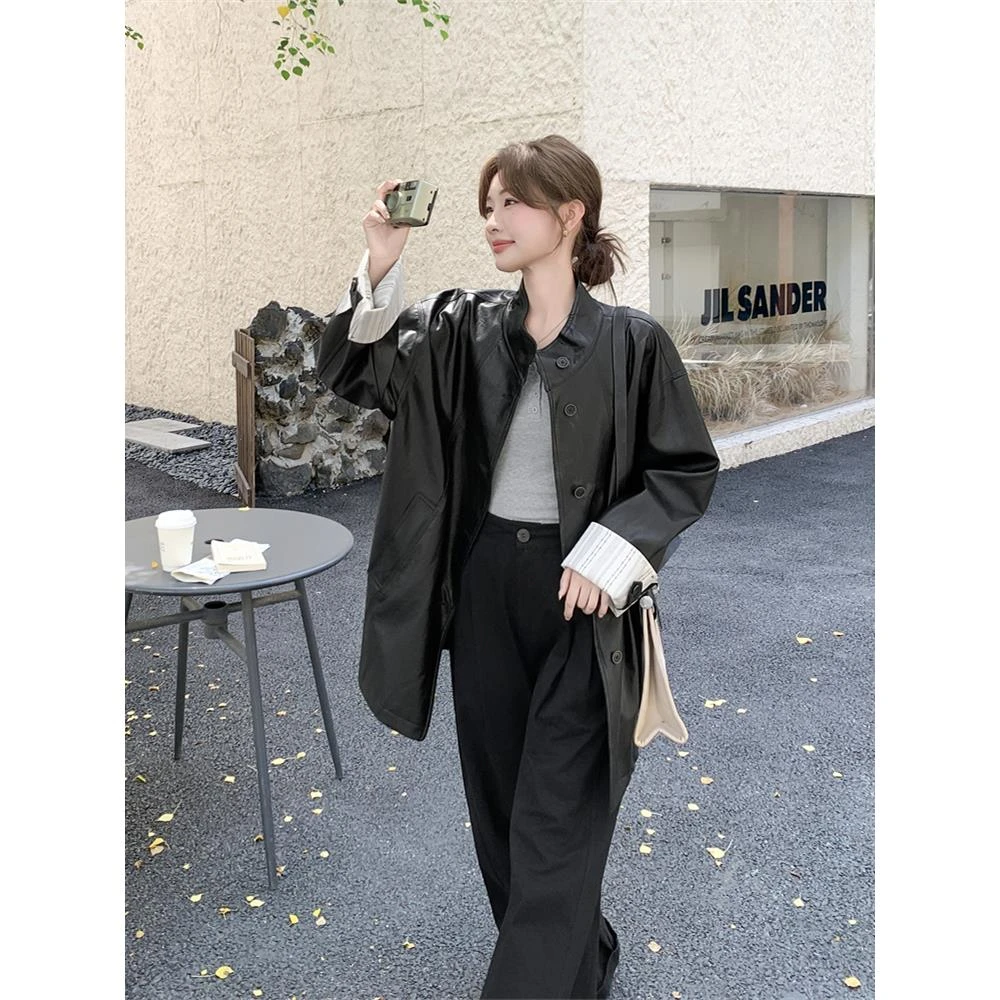 条纹袖口休闲宽松黑色皮衣外套女春秋2025新款甜酷风机车PU皮夹克