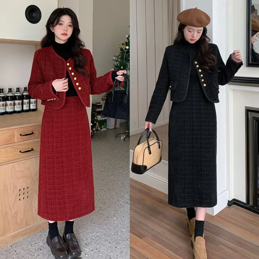 大码法式高级小香风套装女秋冬胖mm粗花呢红色外套半身长裙两件套