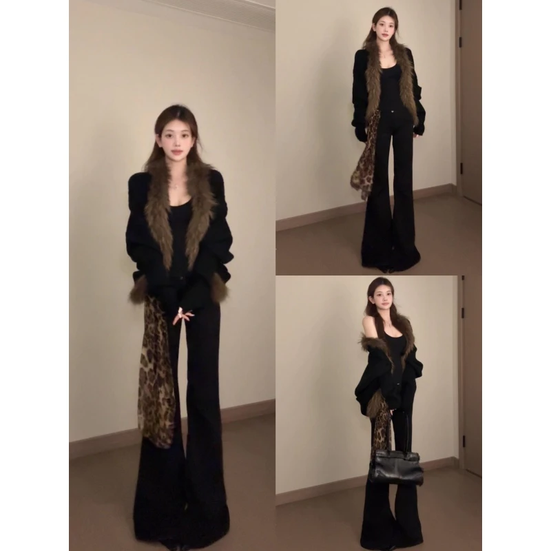 MARIE.COCO2025韩系千金风蝙蝠袖毛领针织外套搭显瘦喇叭裤女套装