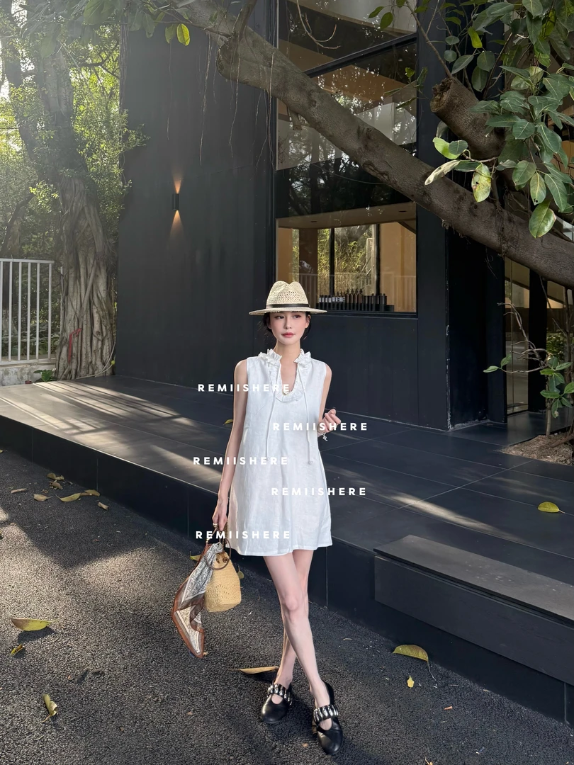 Remiishere.“温柔絮语”100亚麻纯欲慵懒风女装花边背心裙RH289