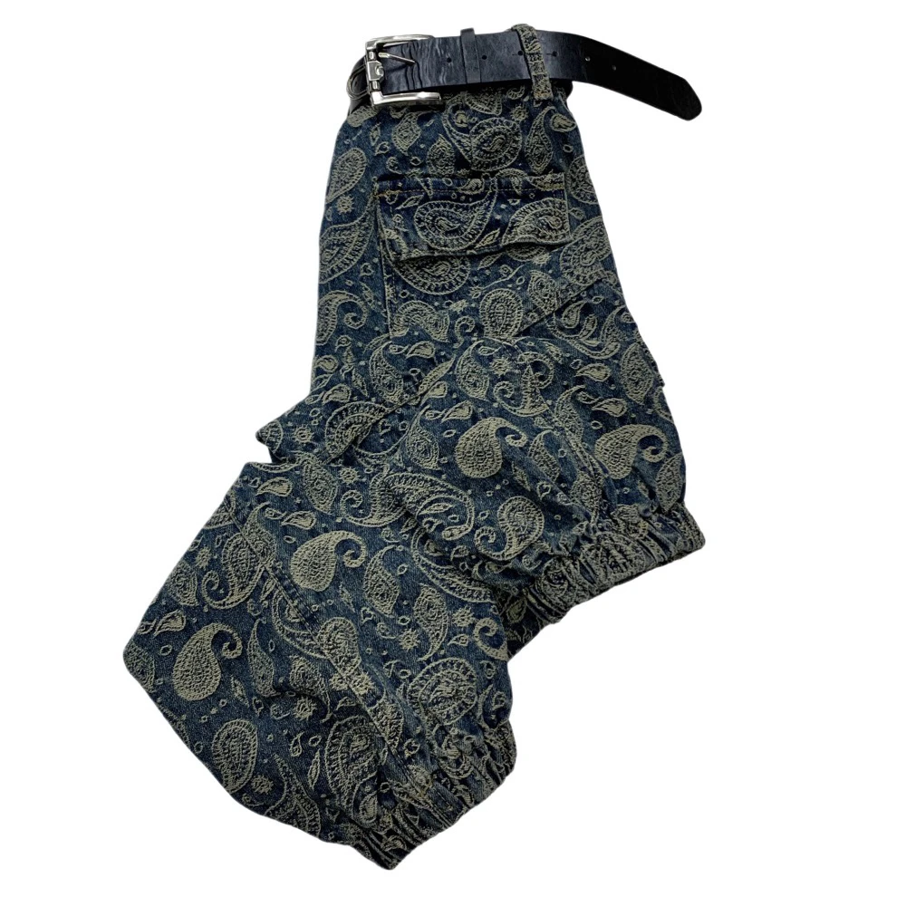 H88887秋款复古提花牛仔双面绣束脚九分工装裤（带腰带样式随机）