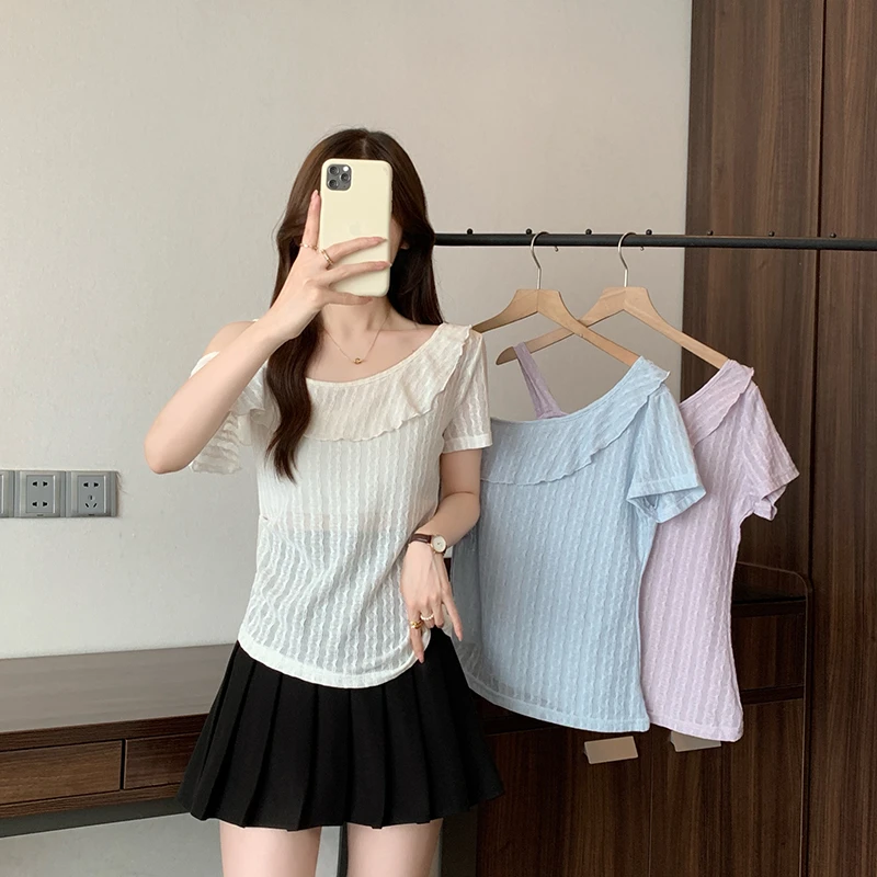 2025夏装新款胖mm大码女甜美肌理感露肩荷叶边小衫上衣-ONL35311