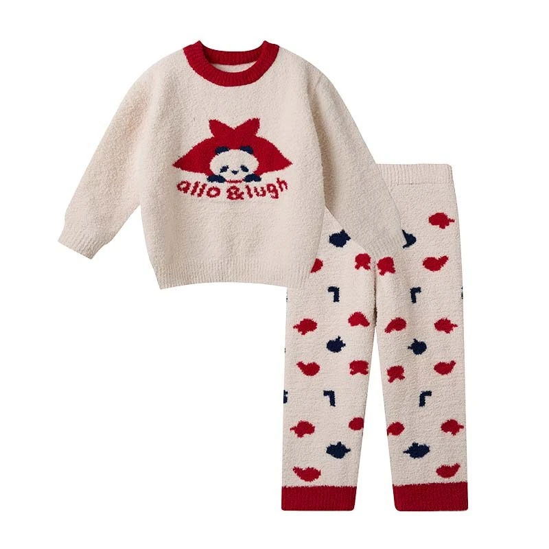 阿路和如睡衣24新款秋冬男女童卡通印花半边绒圆领家居服套装