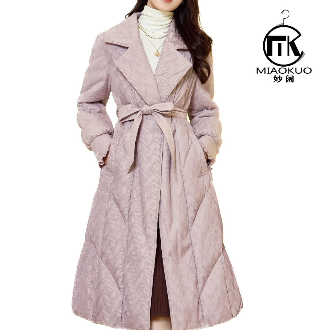 25-077#90白鸭绒高端褶皱面料时尚修身系带羽绒服外套