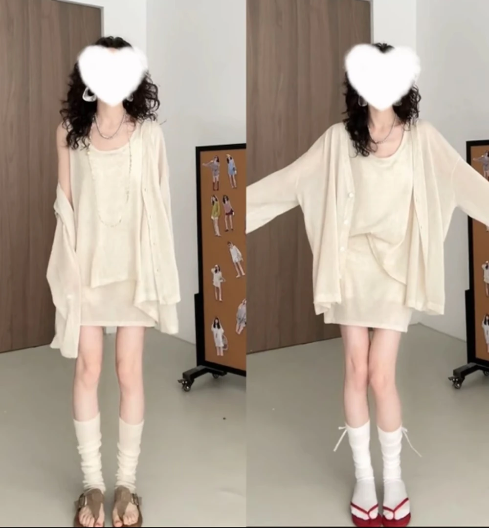 时光旅者夏季休闲纯色背心开衫显瘦短裙三件套