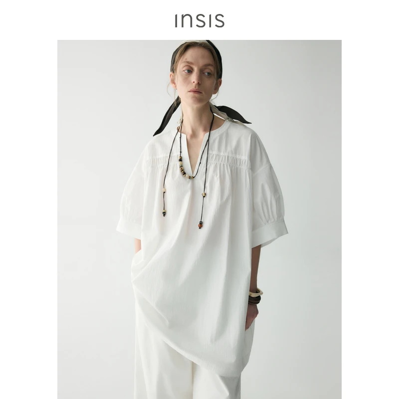 INSISFEMME棉质2025夏季新款抽褶前后两穿短款廓形宽松连衣裙女
