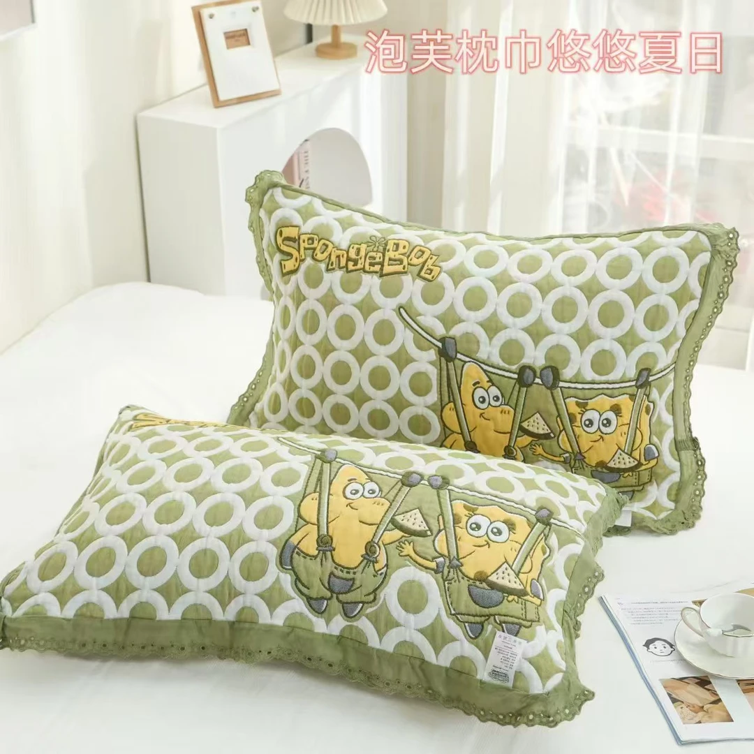 【悠悠夏日】52×78花边纯棉纱布枕巾一对高档卡通可爱柔软加厚全棉