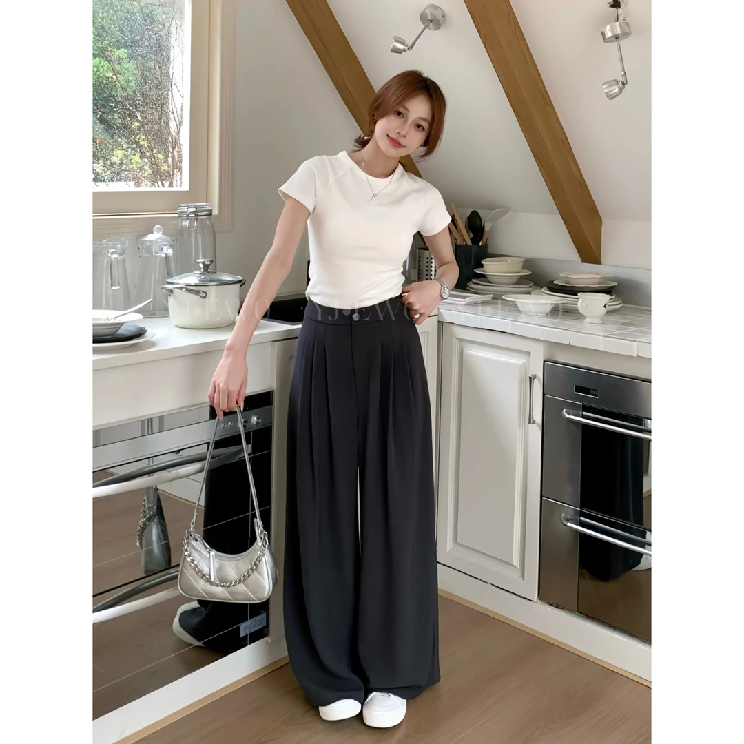 【小爽小个子】夏季新款高腰直筒休闲百搭简约宽松垂感休闲裤-3100