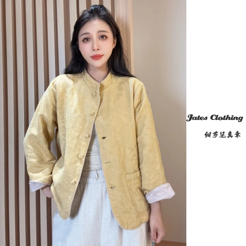 w3316#亚麻混纺双面双穿新中式提花复古盘扣宽松立领秋季新品外套
