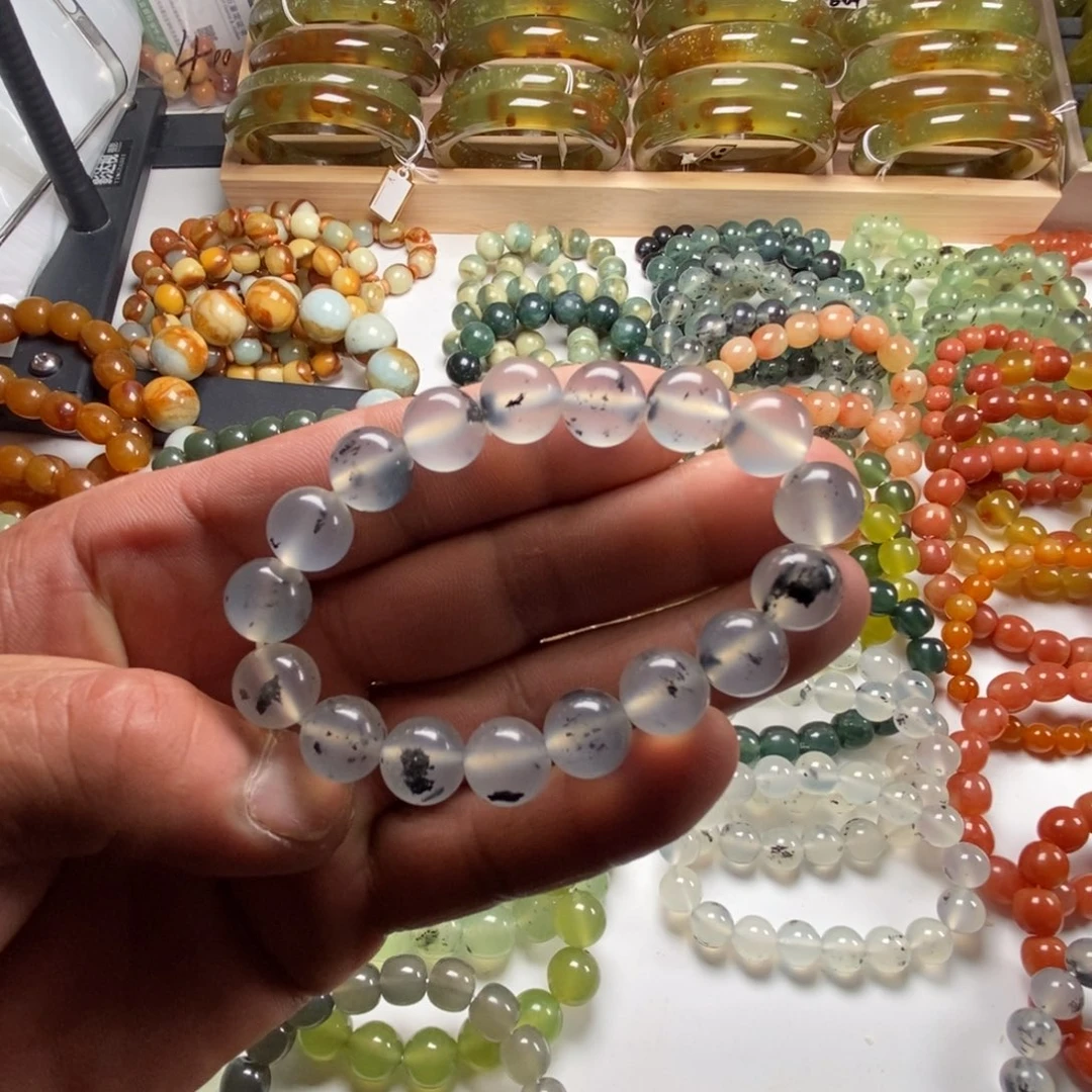 未镶嵌蛇纹石玉手链岫玉白冰卡12水墨冷白无暇