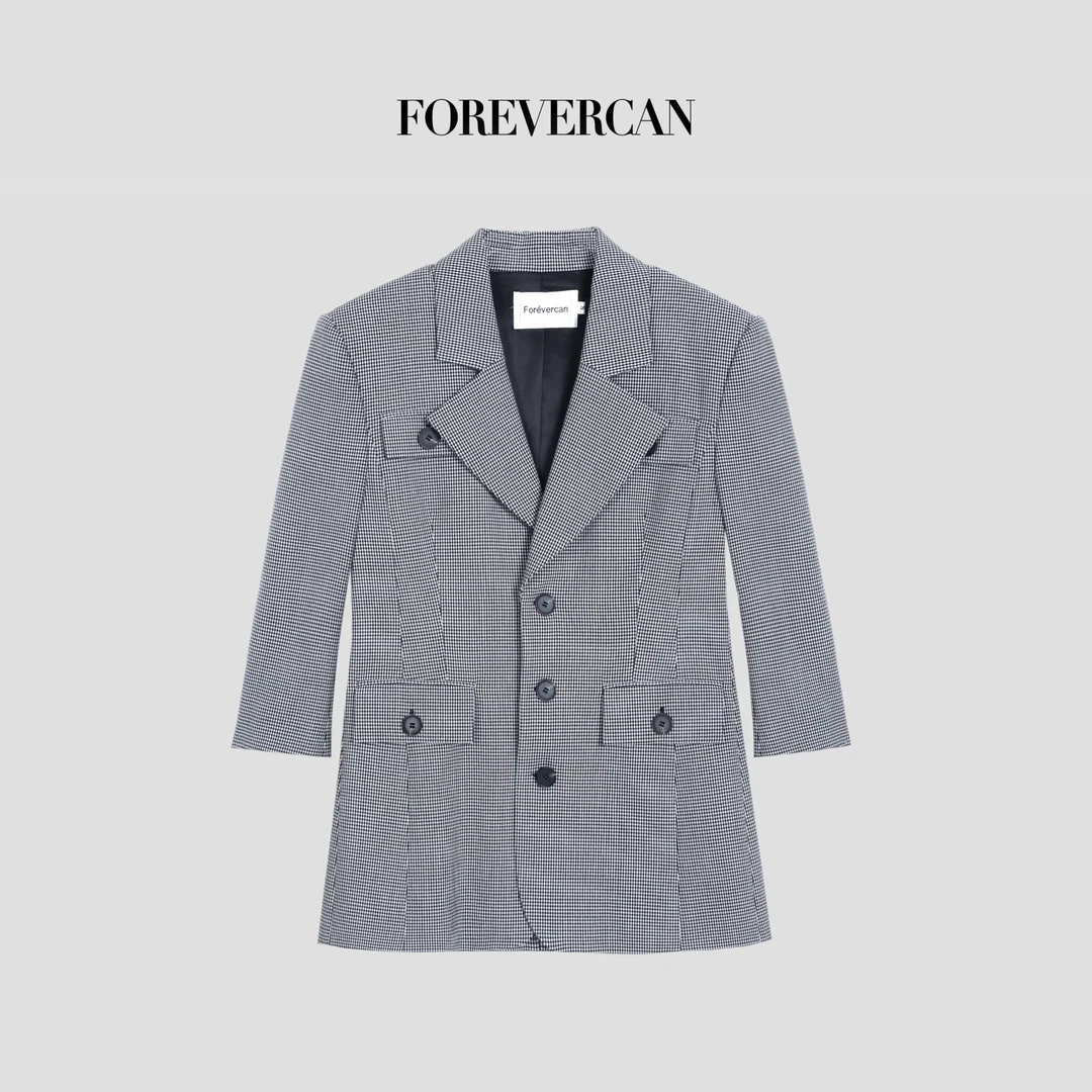 FOREVERCAN“京都回忆录”复古百搭格纹收腰西装外套 CANSC16857