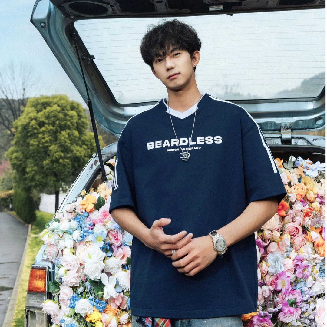 夏季水洗短袖常规款男女同款几何圆领T恤美式休闲百搭宽松情侣