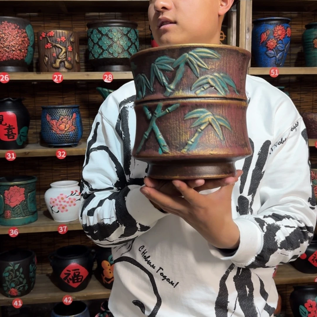 带孔高端浮雕花盆高度+口径21-21