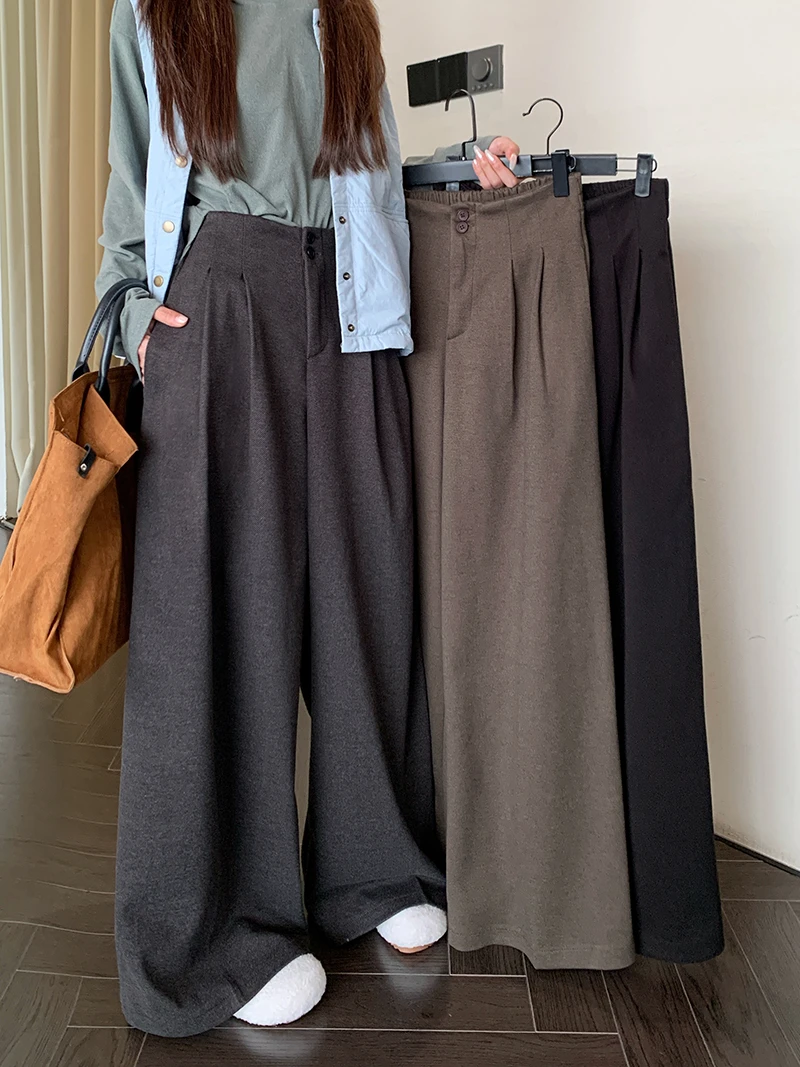 2025设计感宽松休闲裤加厚呢子裤女秋冬季高腰显瘦阔腿裤拖地裤