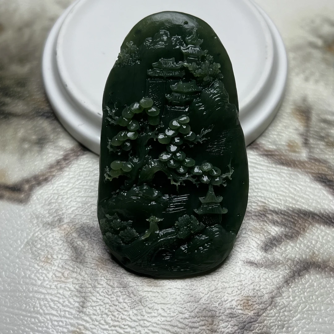 和田玉碧玉纯手工精雕山水把件意境山水《定制》