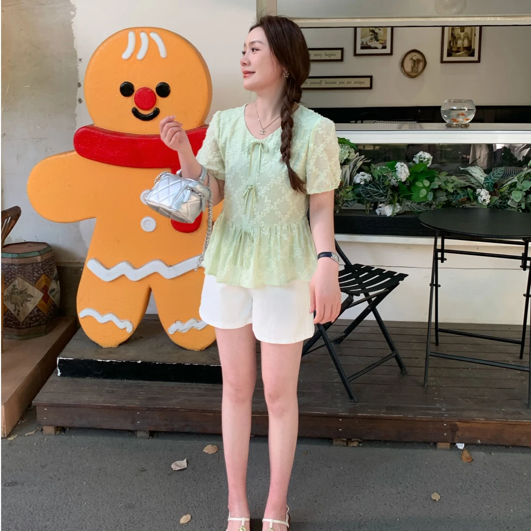 NANJIE/楠姐【只此青绿】夏季时尚法式绑带宽松气质显瘦小衫5NJ101
