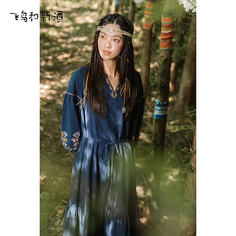 【绿子粉丝专享】波西米亚风绣花连衣裙女小立领显瘦女裙